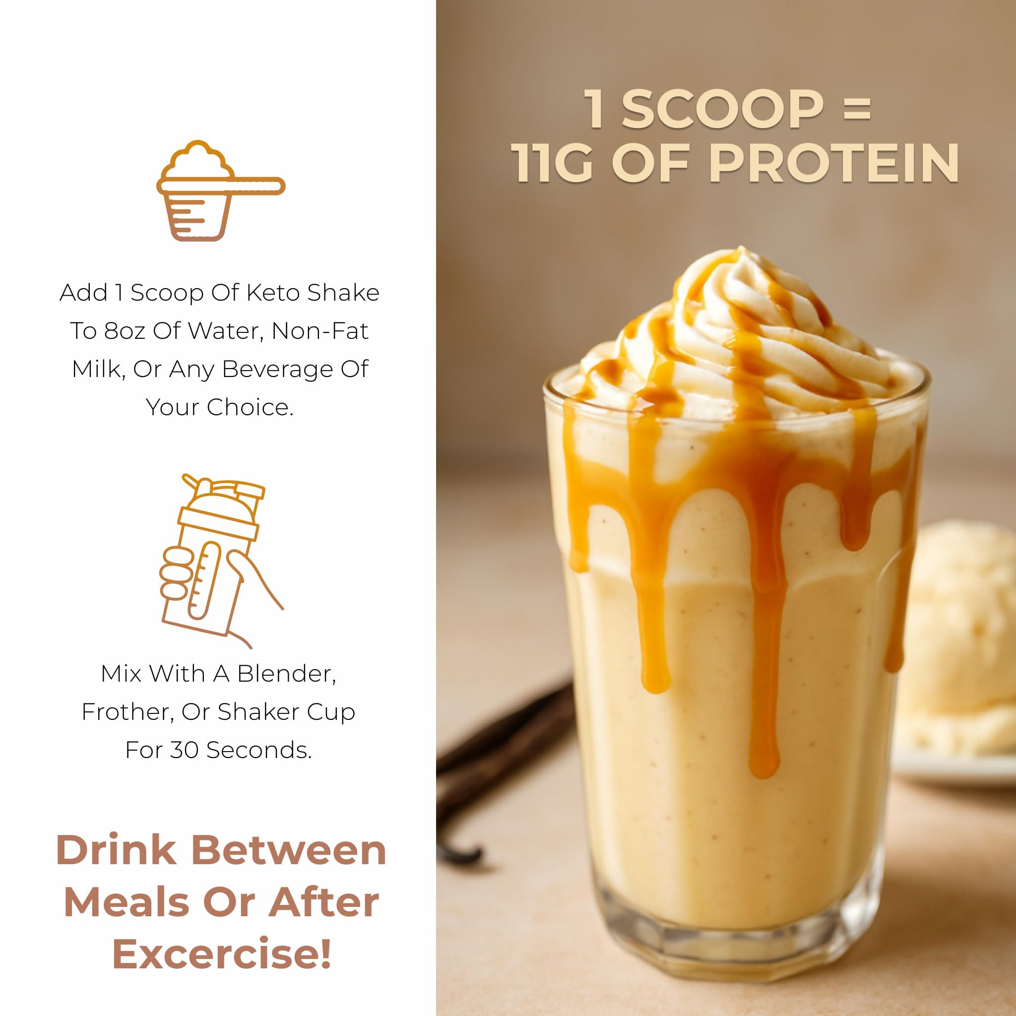 Creamy vanilla caramel shake served as a snack or meal assist.