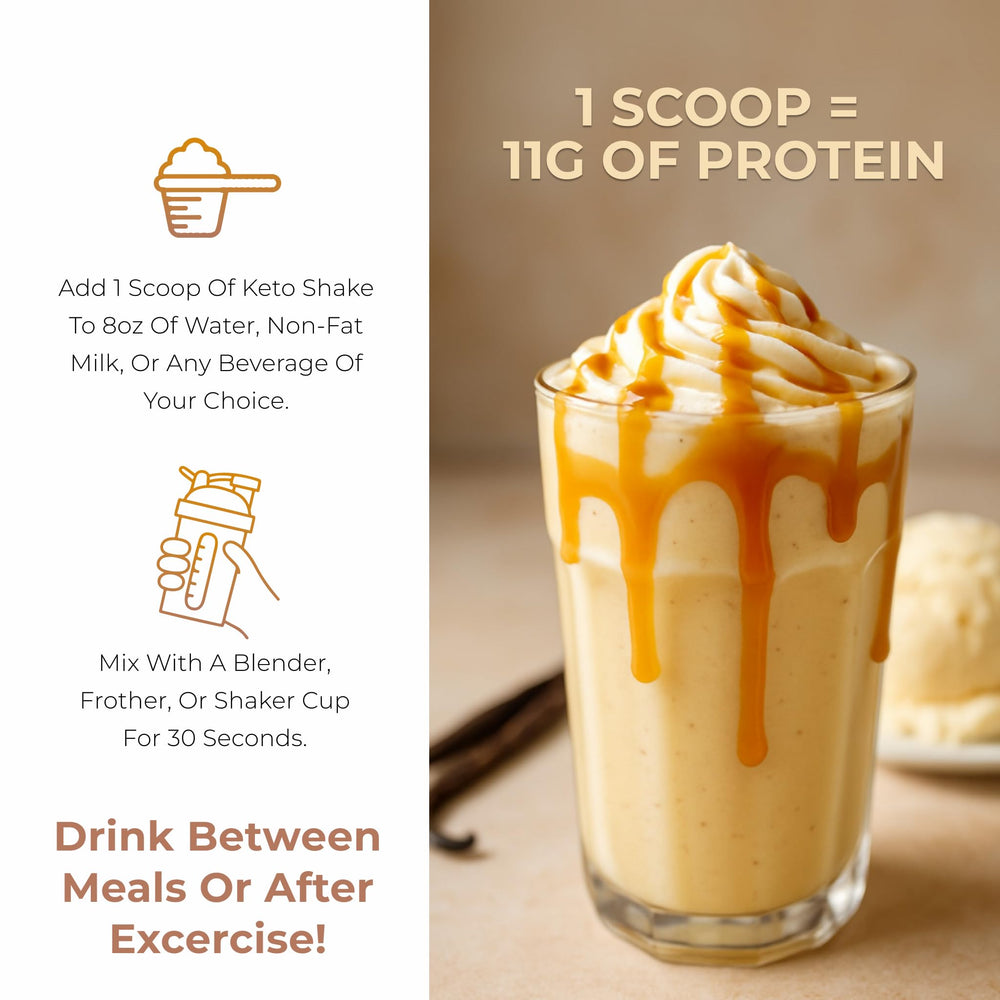 Creamy vanilla caramel shake served as a snack or meal assist.