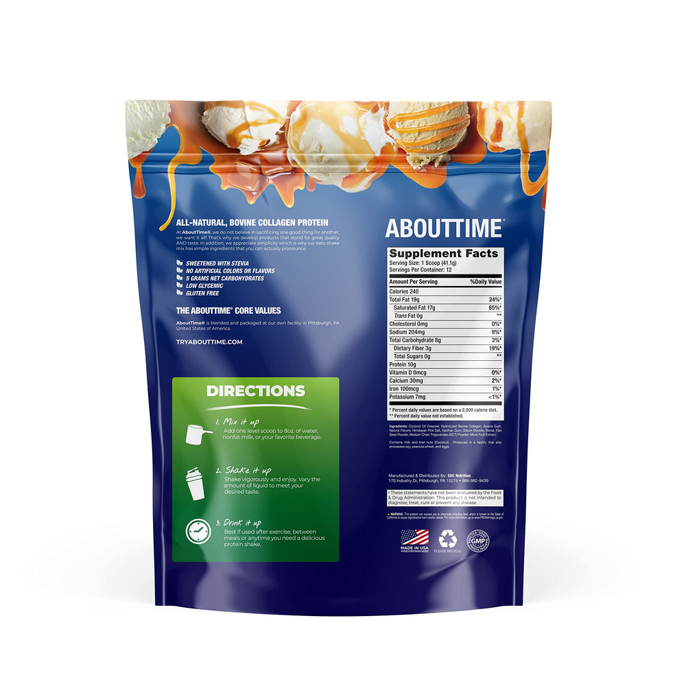 About Time Keto Shake Vanilla Caramel in glass showing creamy texture.