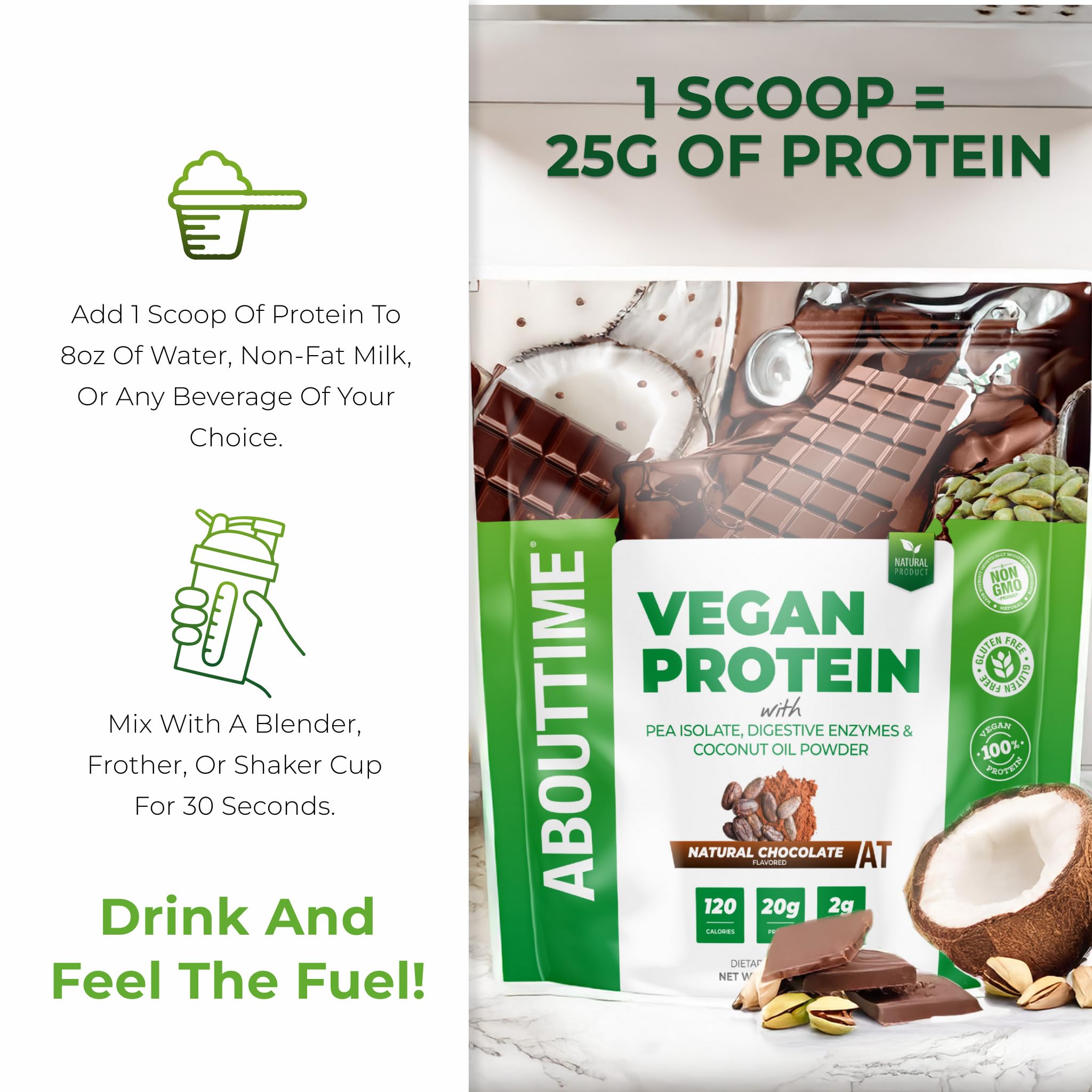 About Time vegan protein chocolate ingredients-list emphasizes minimal components