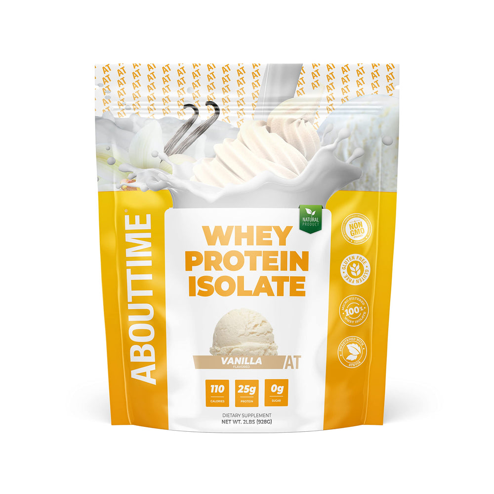 About Time Whey Protein Isolate Vanilla tub showing clean, non-GMO formula for post-workout fueling