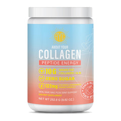 About Your Collagen Peptide Energy bottle closeup highlighting peach flavor and energy support