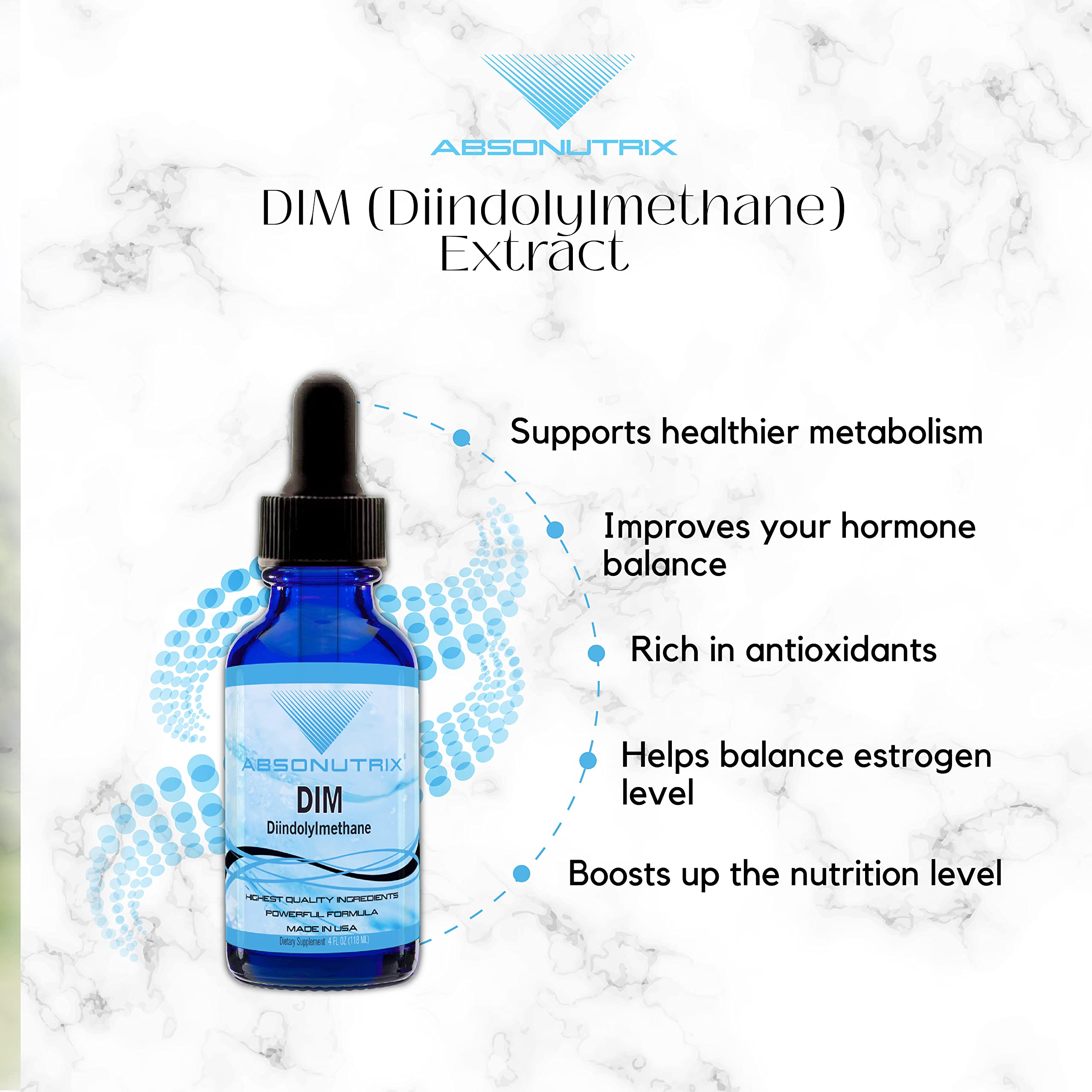 DIM bottle label shows gluten-free and non-GMO assurances for mindful shoppers