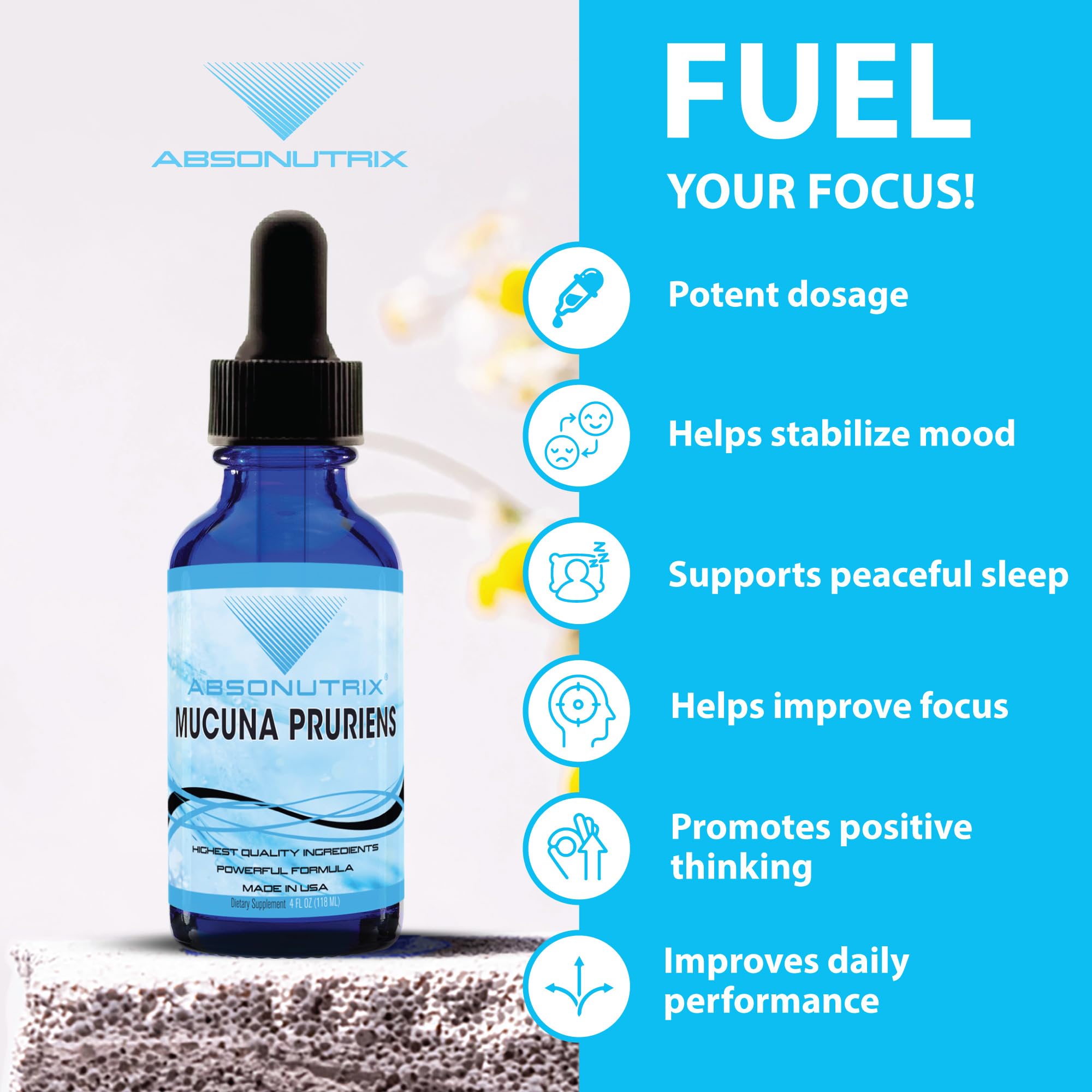 Absonutrix Mucuna Pruriens liquid bottle label shows potency and non-GMO claim.
