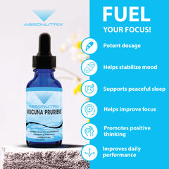 Absonutrix Mucuna Pruriens liquid bottle label shows potency and non-GMO claim.