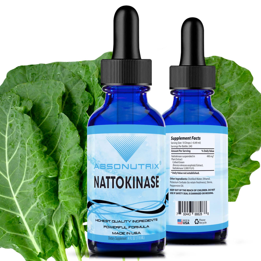 Absonutrix nattokinase liquid bottle ready for use, highlighting quick absorption