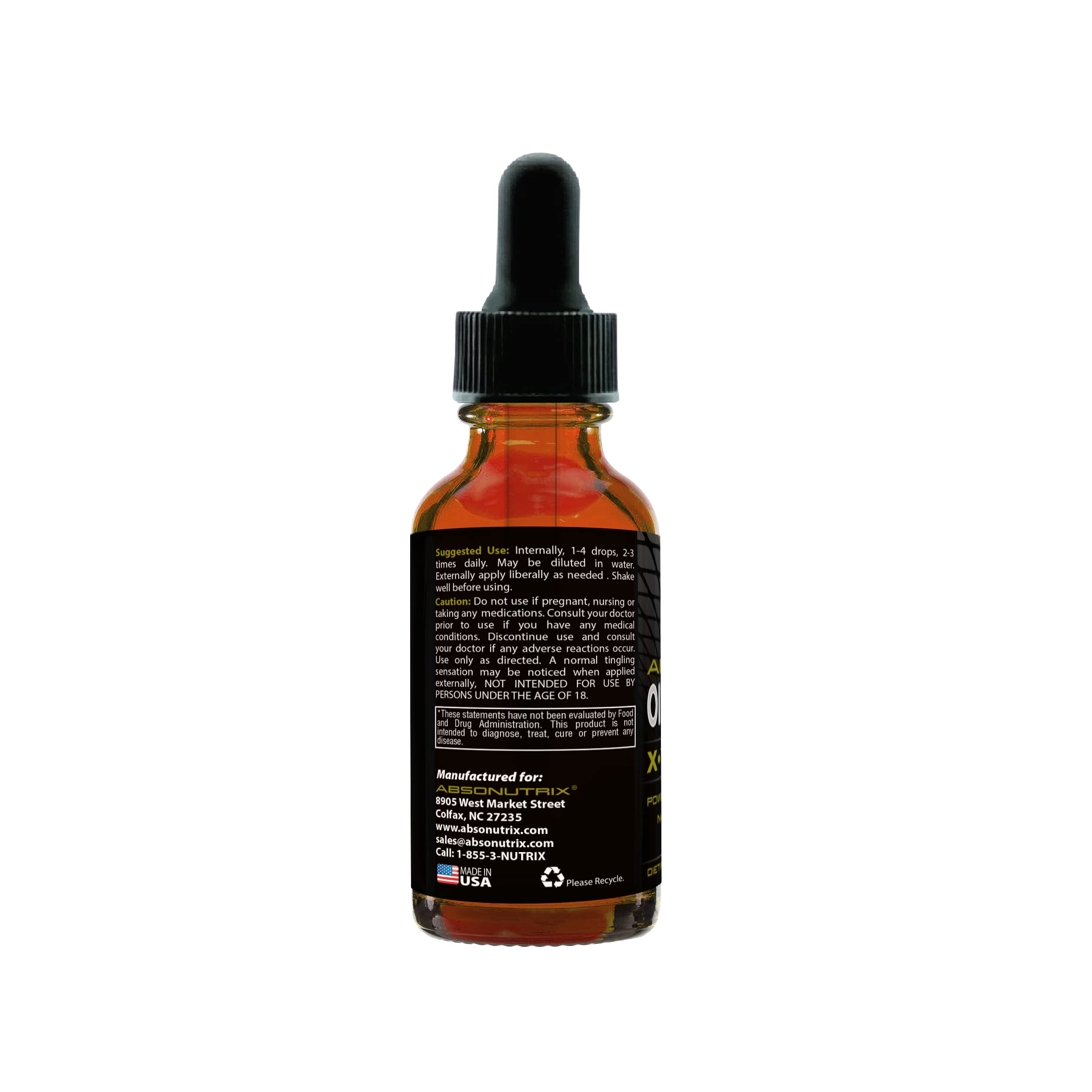 Absonutrix Oil of Oregano packaging communicates non-GMO and cruelty-free.