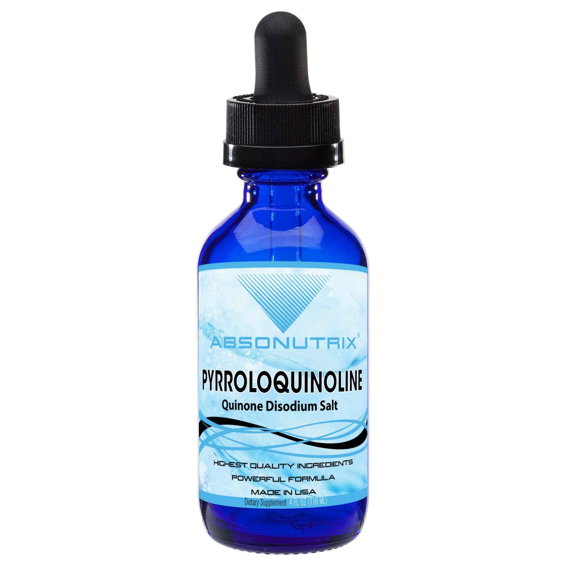 Absonutrix PQQ liquid drops bottle with clear label for easy dosing and quick absorption.