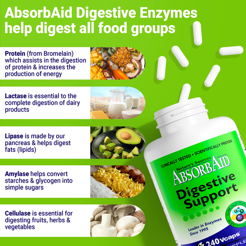 AbsorbAid Digestive Enzymes on kitchen counter during a healthy meal.