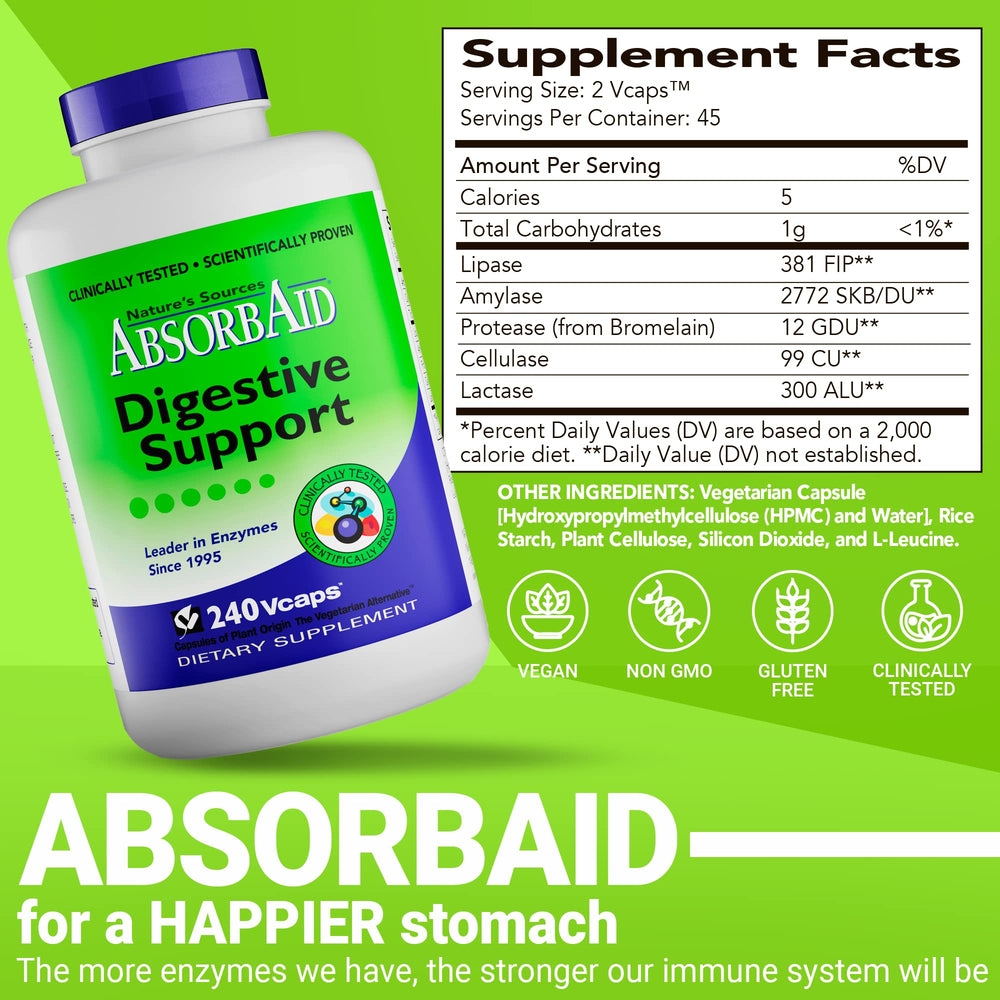 AbsorbAid label close-up highlighting plant-based enzymes for comfortable digestion.