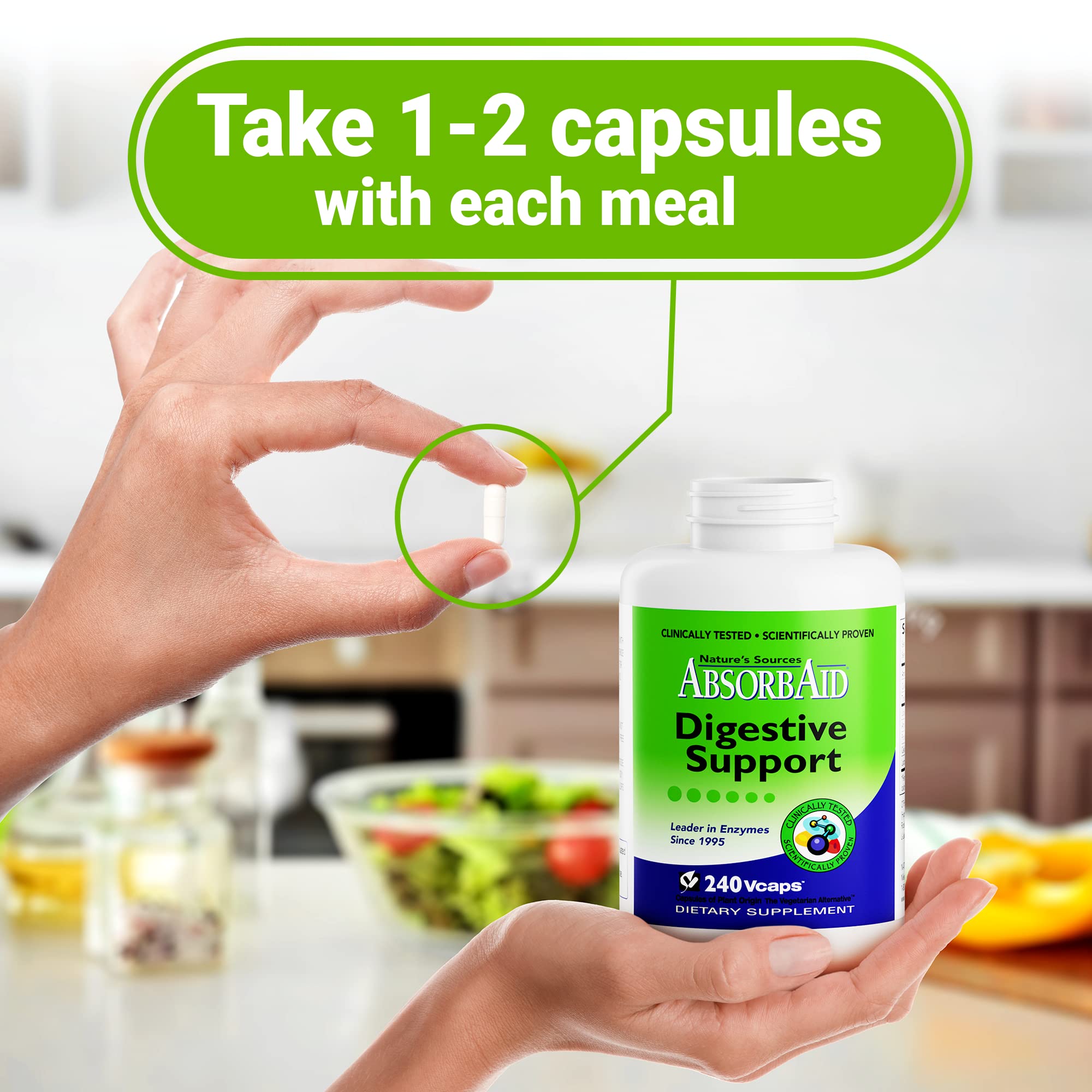 Product photo of AbsorbAid highlighting natural enzymes and potential nutrient delivery.