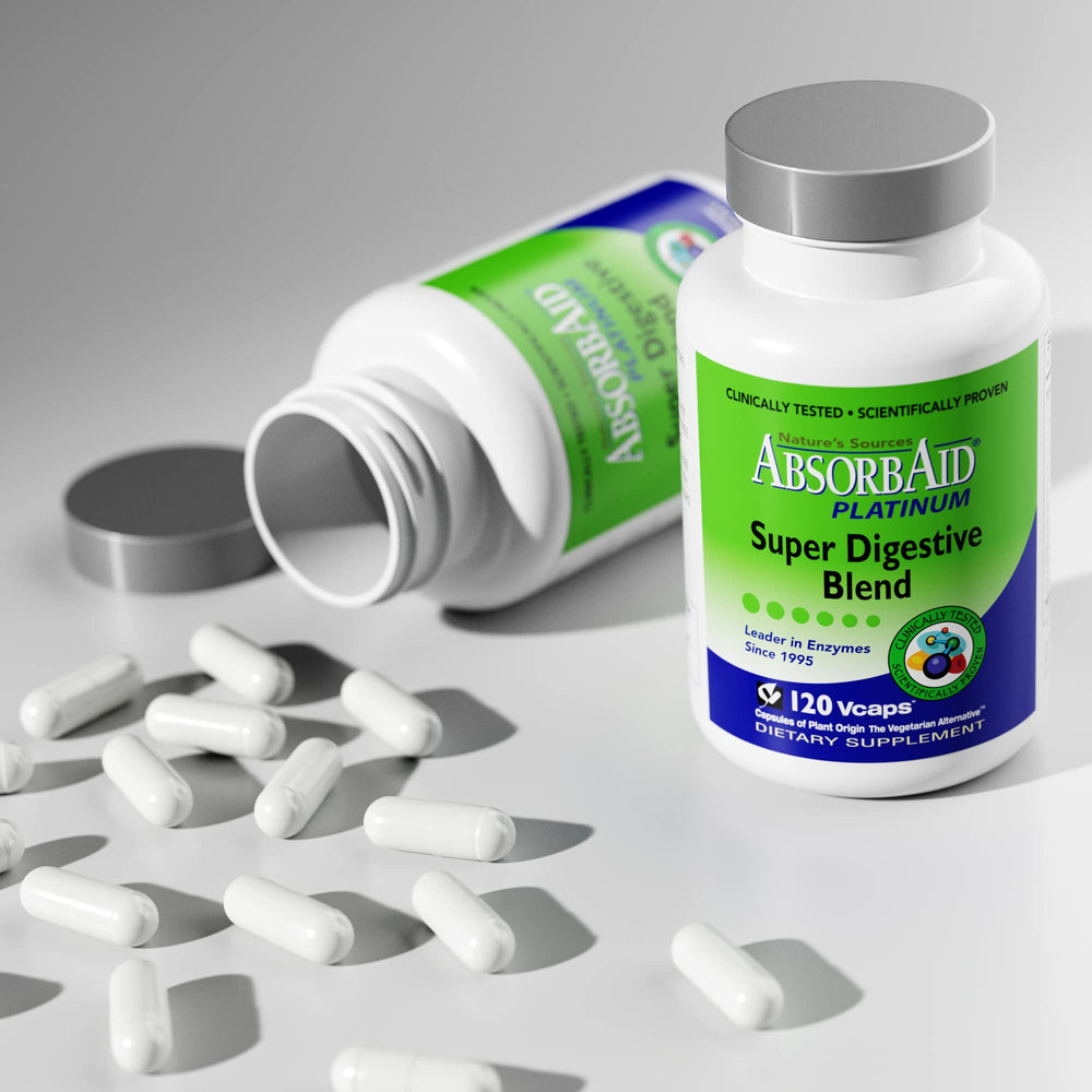 AbsorbAid Platinum bottle label closeup highlighting nutrient breakdown support after meals