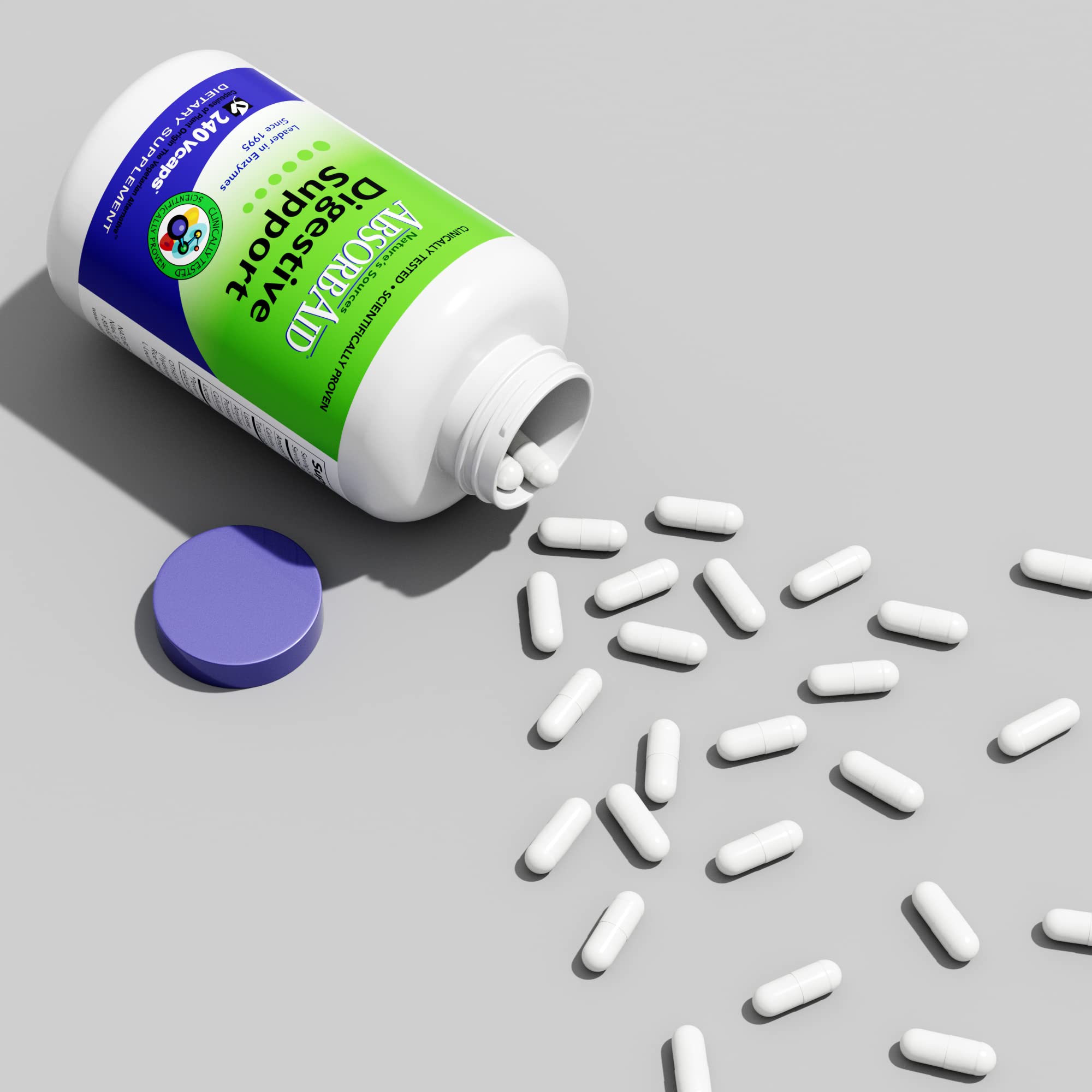 AbsorbAid Digestive Enzymes bottle label highlights natural plant-based formula.