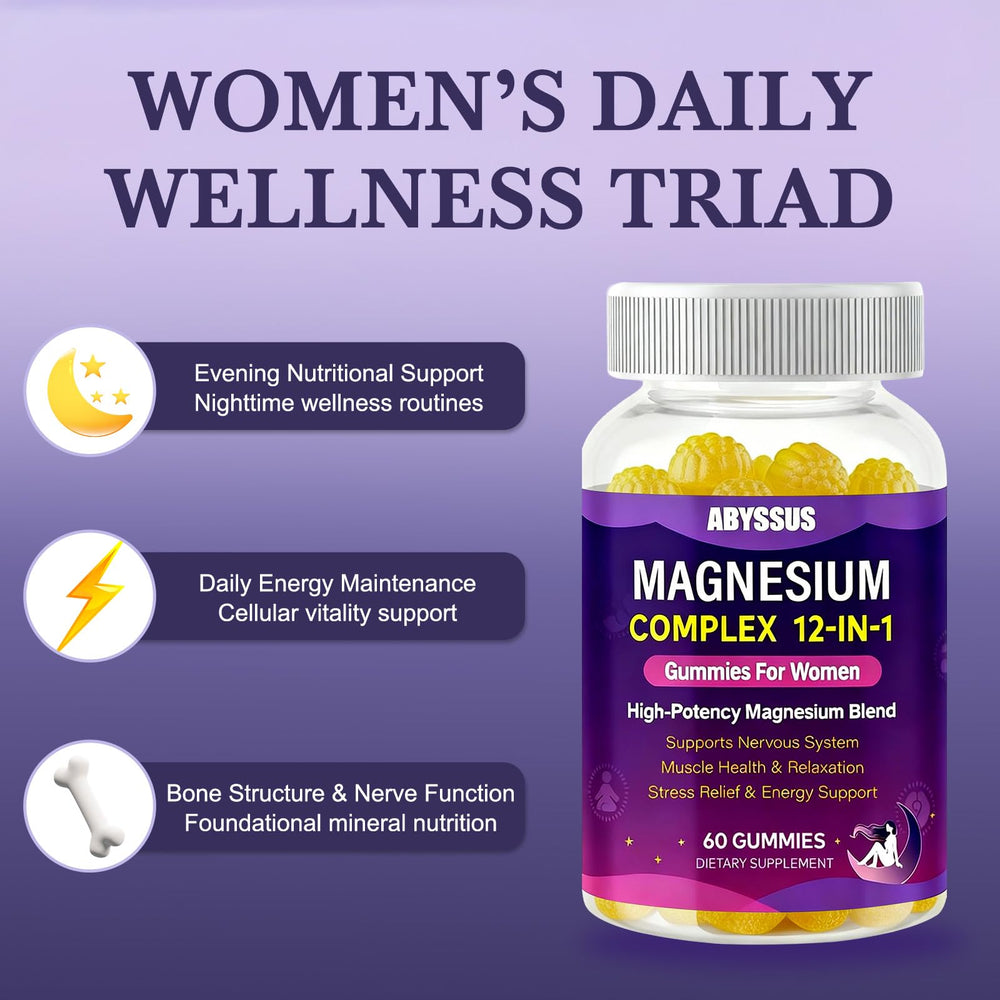 ABYSSUS magnesium complex ingredients graphic highlighting absorption benefits.