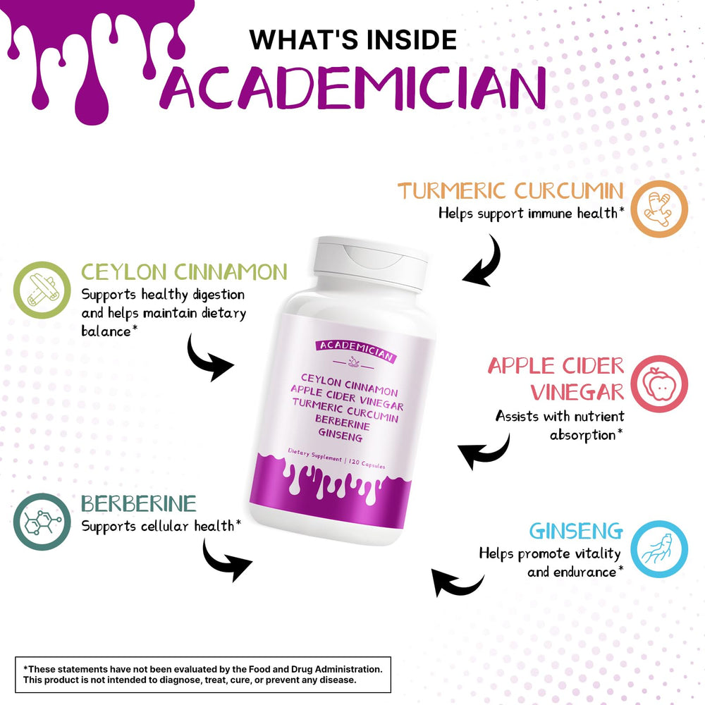 ACADEMICIAN cinnamon turmeric capsules on counter for flavorful daily routines.