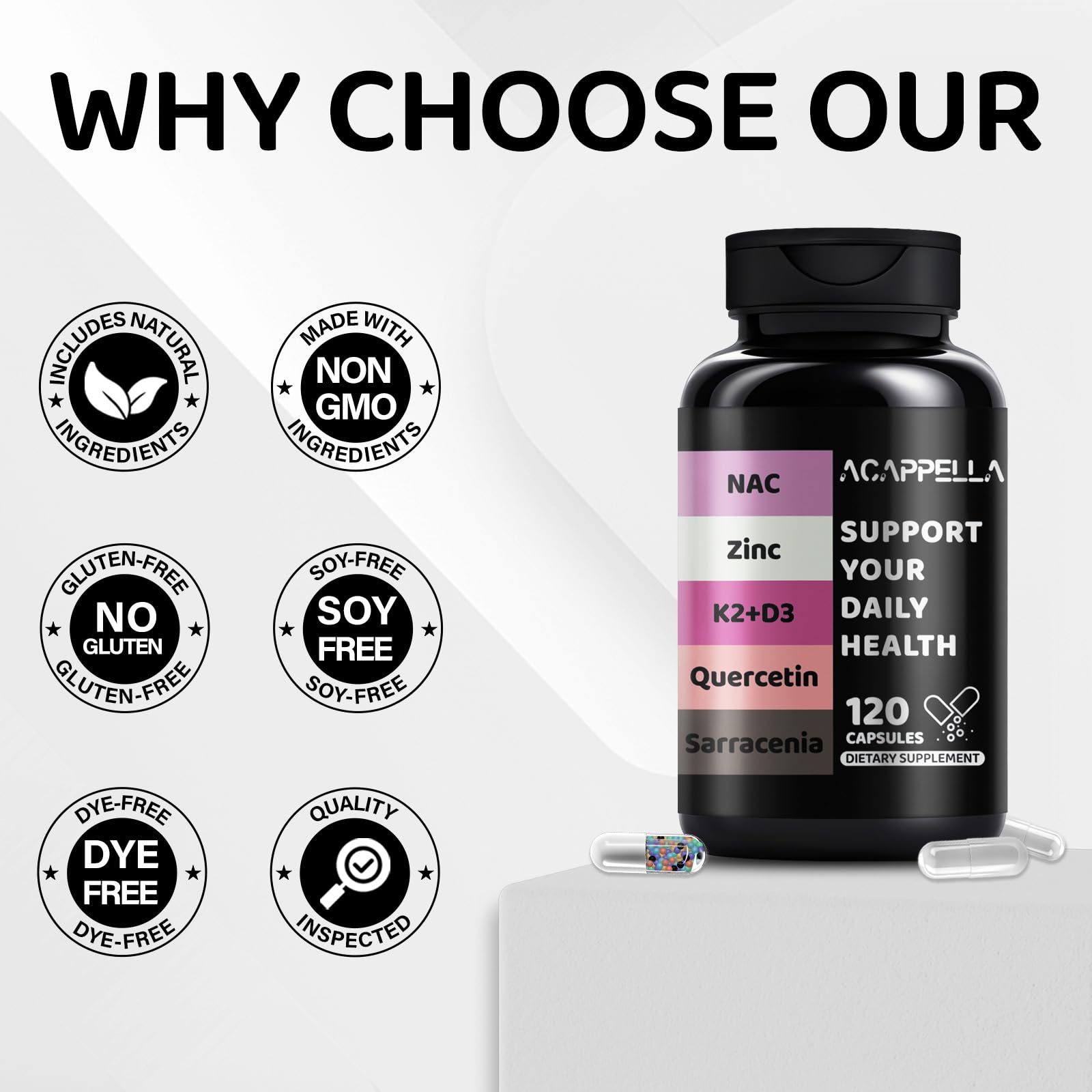 ACAPPELLA bottle with capsules ready for daily use and wellness.