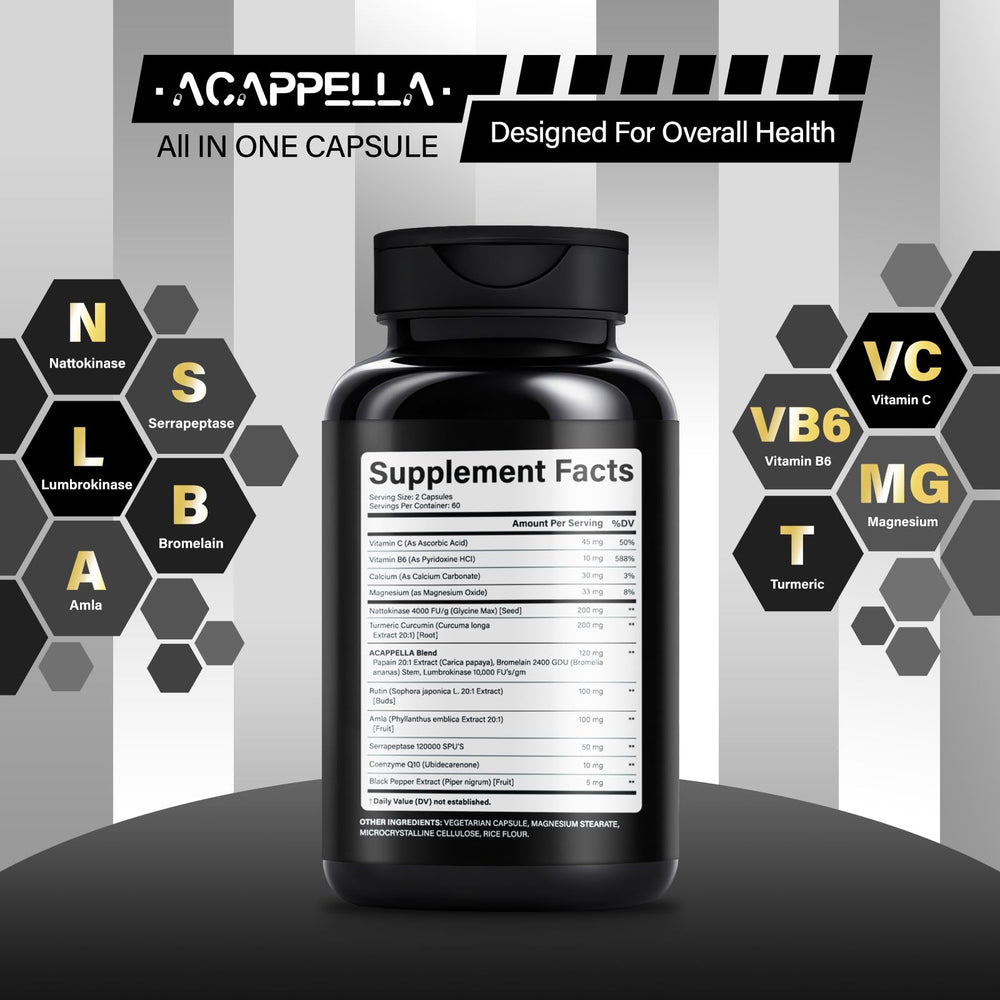 ACAPPELLA ingredient panel showing enzymes and antioxidants for daily wellness.