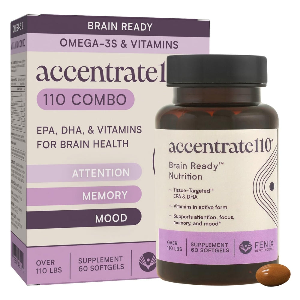 Acccentrate110 bottle front view highlighting omega-3 and B vitamins for focus support.