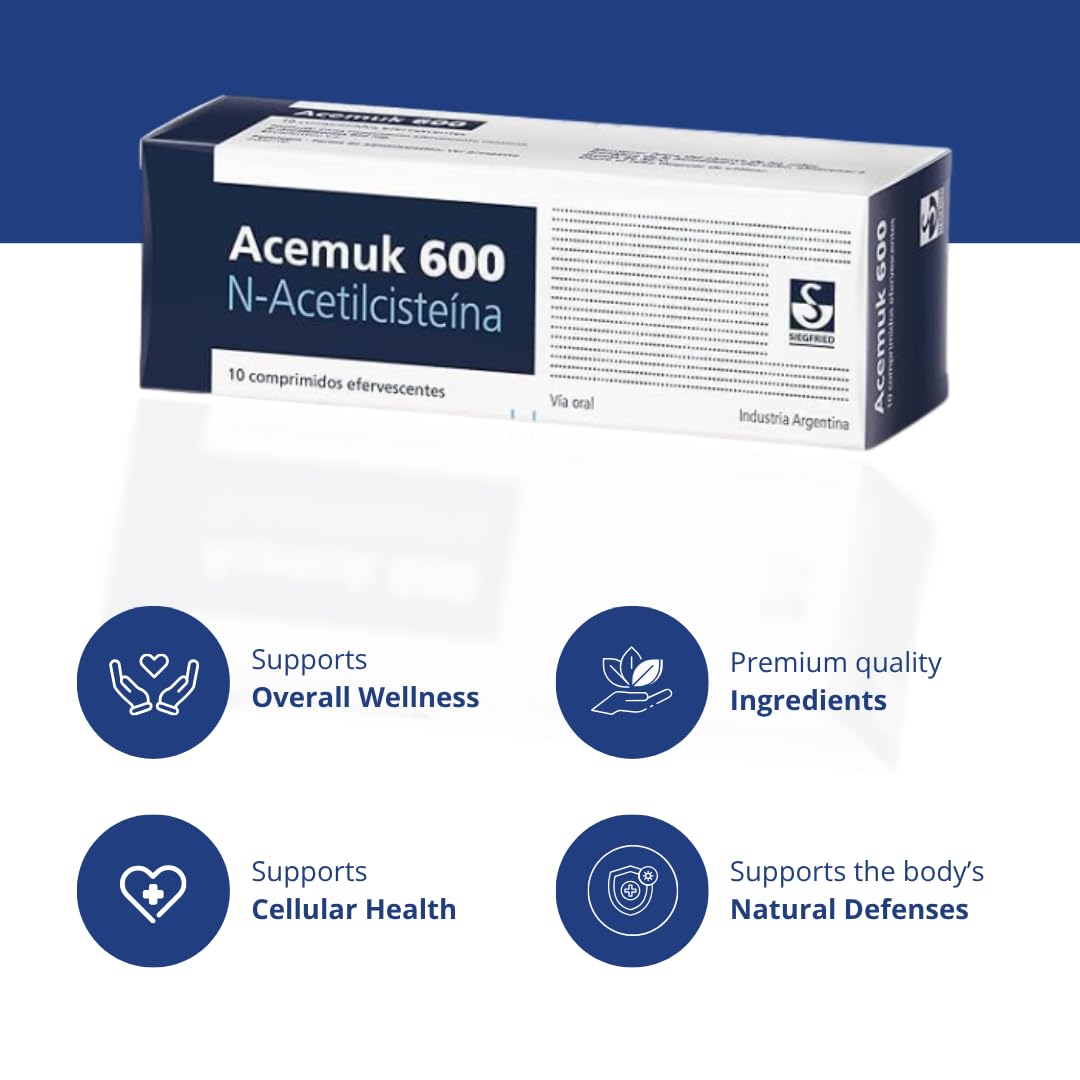 Acemuk NAC 600 mg bottle back label with dosage and ingredients.
