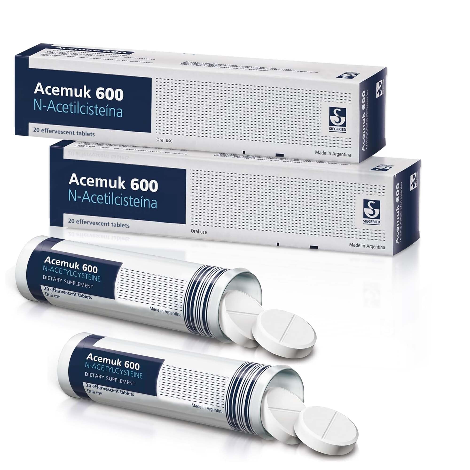 Acemuk NAC 600 mg bottle front view showing two-pack packaging.