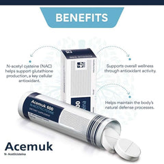 Acemuk NAC 600 mg tablets close-up highlighting easy-to-swallow form.