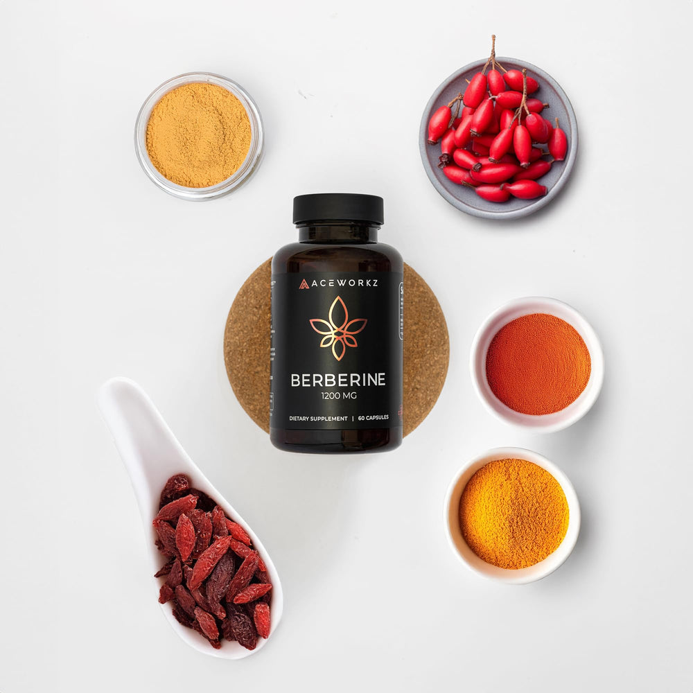 ACEWORKZ Berberine bottle being poured to reveal capsules for easy daily routines