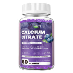 ACEYO Calcium Citrate Gummies blue bottle showing high-absorption calcium with D3 and K2 for daily wellness