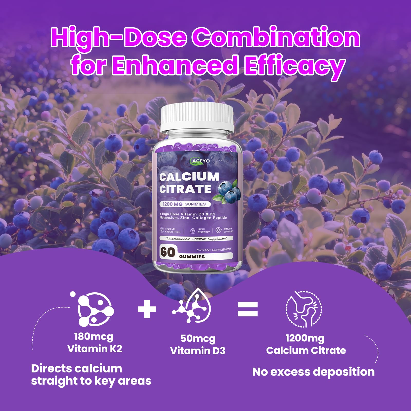 ACEYO Calcium Citrate Gummies blueberry jar closeup highlighting sugar-free, tasty daily calcium support