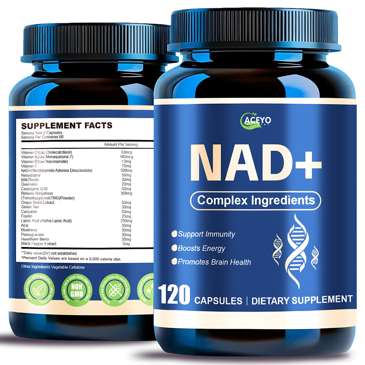 ACEYO NAD+ bottle front, inviting daily use for energy and vitality.