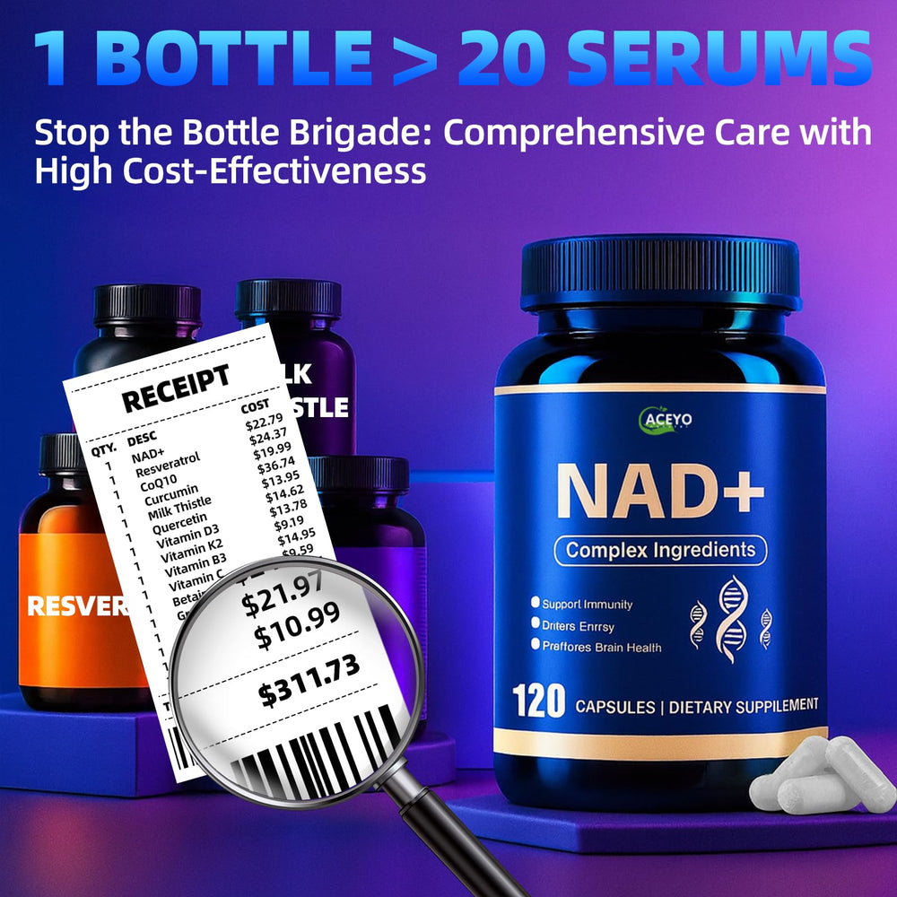 ACEYO NAD+ capsules stacked for simple daily intake and consistency.