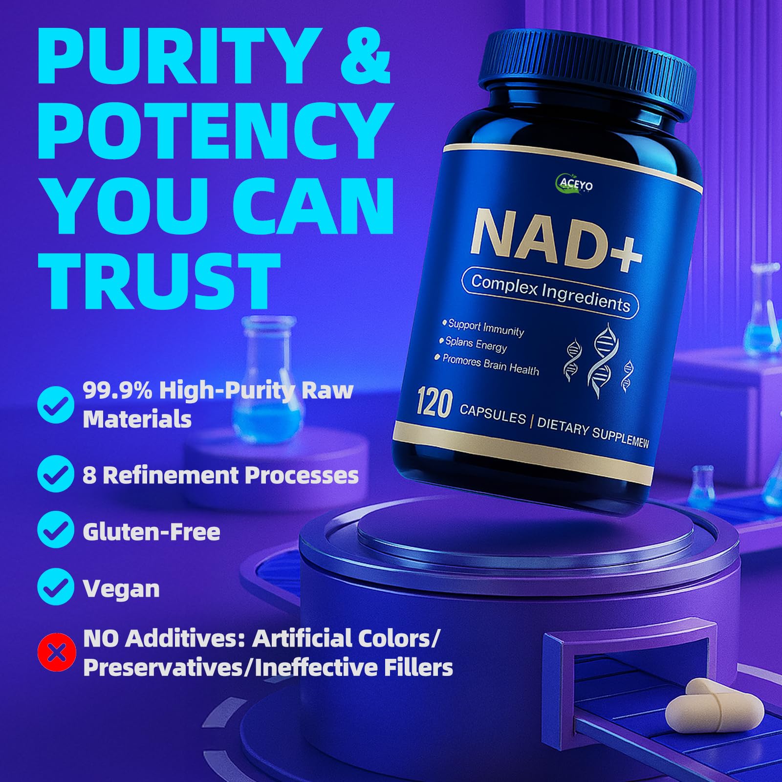 ACEYO NAD+ dosage day graphic illustrates two capsules per serving.