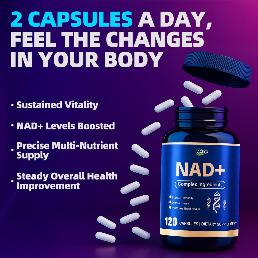ACEYO NAD+ with water glass suggests daily hydration and routine timing.