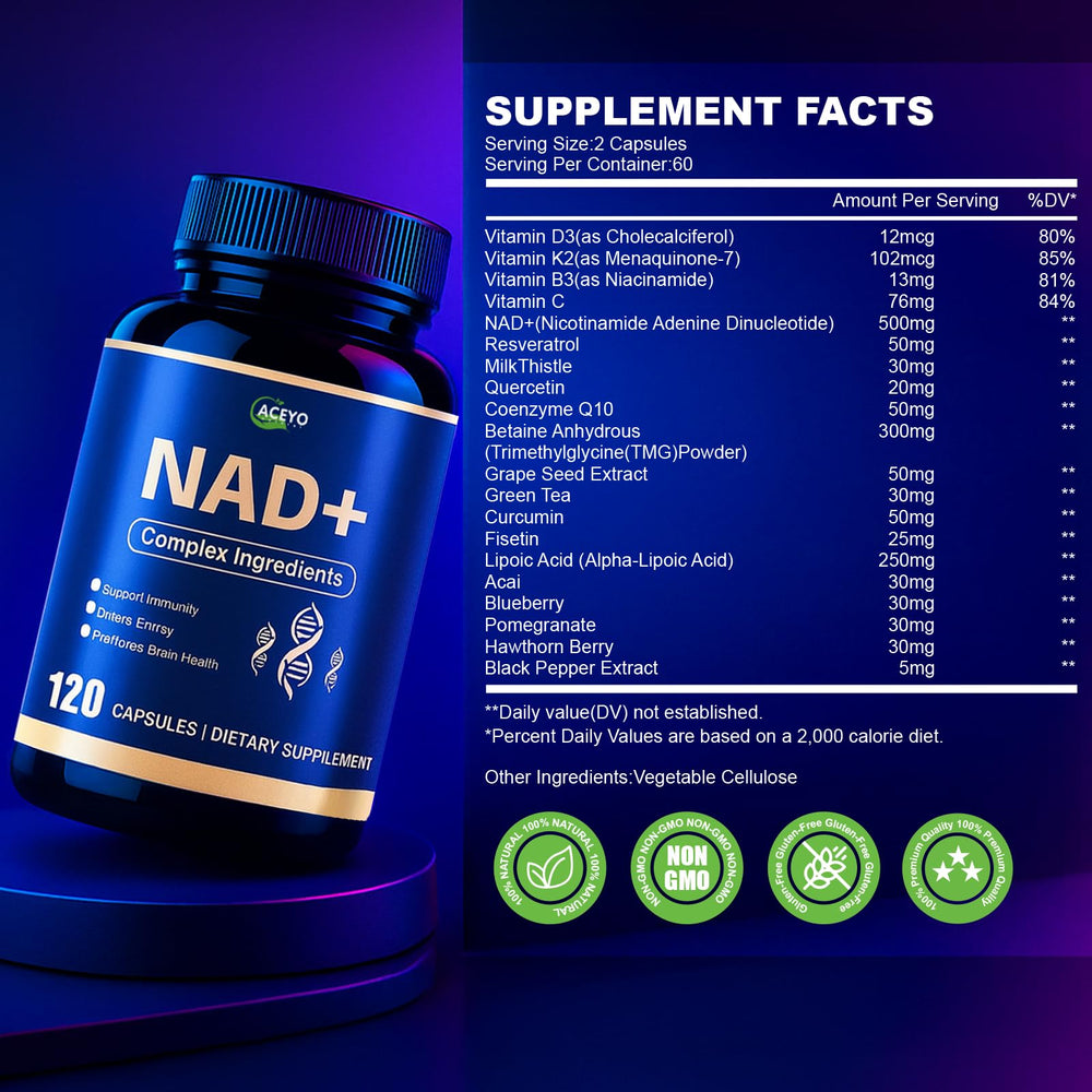 ACEYO NAD+ branded packaging emphasizes natural, non-GMO and gluten-free formulation.