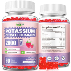 ACEYO potassium citrate gummies raspberry bottle for easy daily electrolyte balance and energy support.