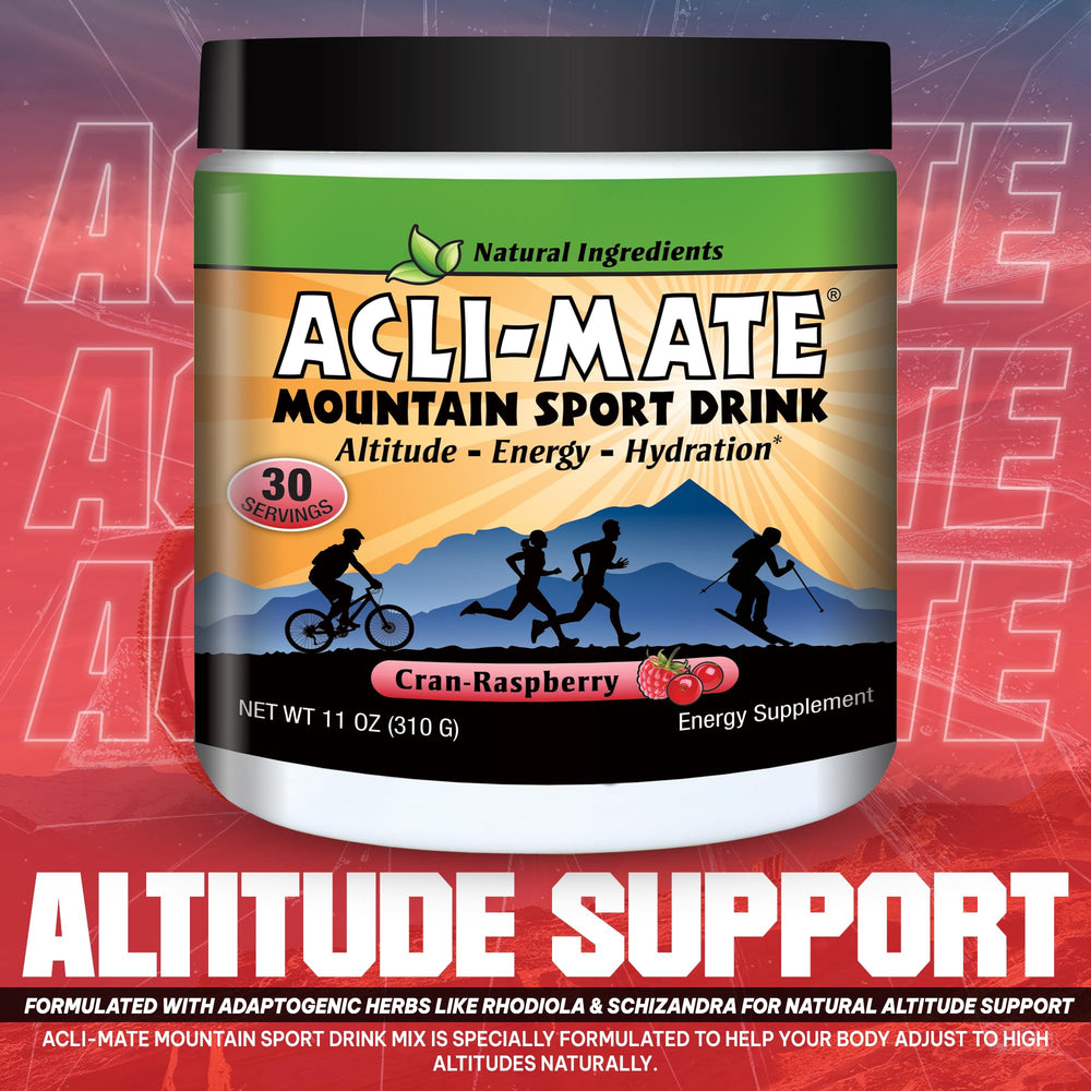 Acli-Mate Mountain Sport Drink Mix dissolving into water for quick rehydration.