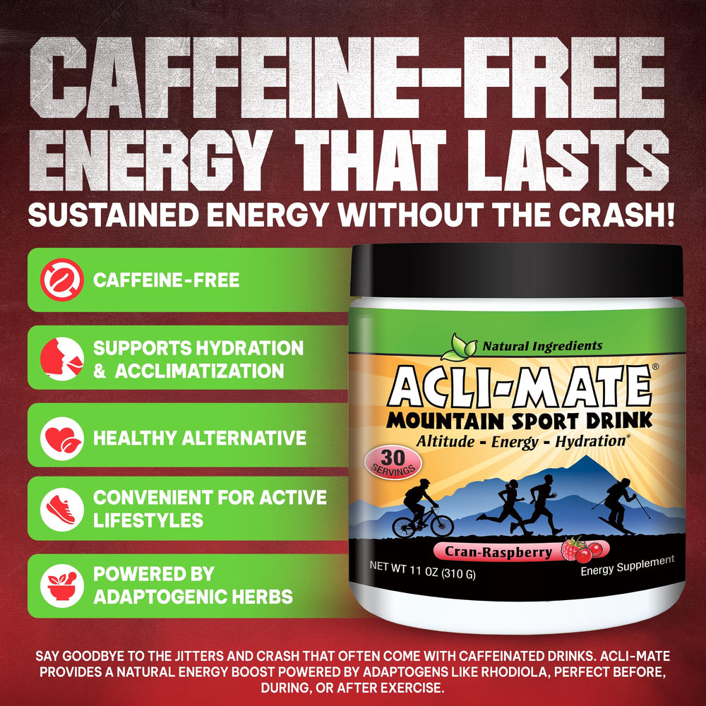 Acli-Mate Mountain Sport Drink Mix label detail highlighting electrolytes and Cranraspberry flavor for hydration.