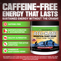Acli-Mate Mountain Sport Drink Mix label detail highlighting electrolytes and Cranraspberry flavor for hydration.