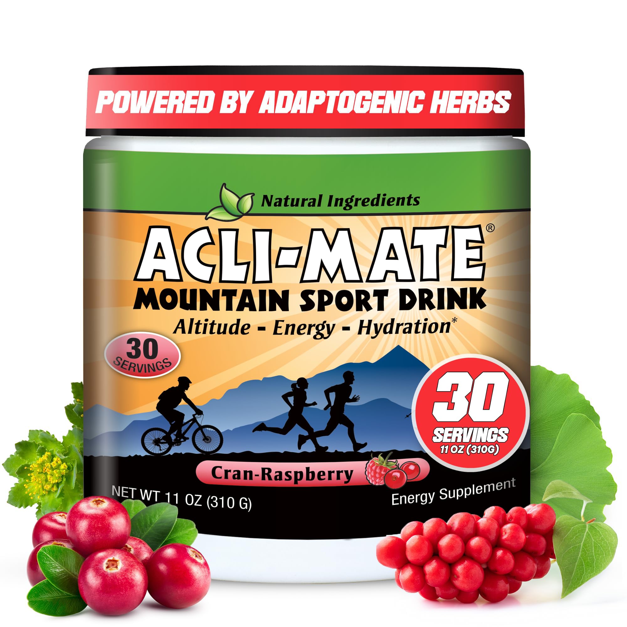Acli-Mate Mountain Sport Drink Mix tub front view for hydration and altitude support.