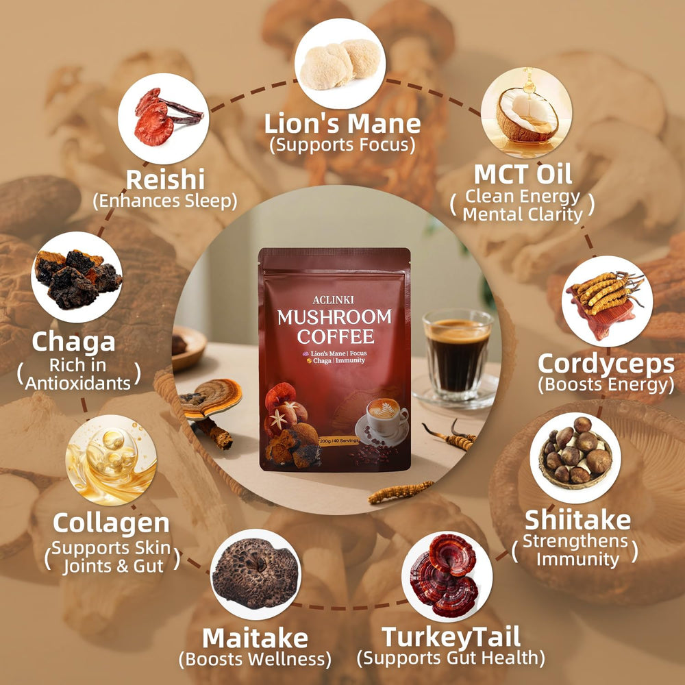 ACLINKI mushroom coffee jar front showcasing premium blend for steady focus.