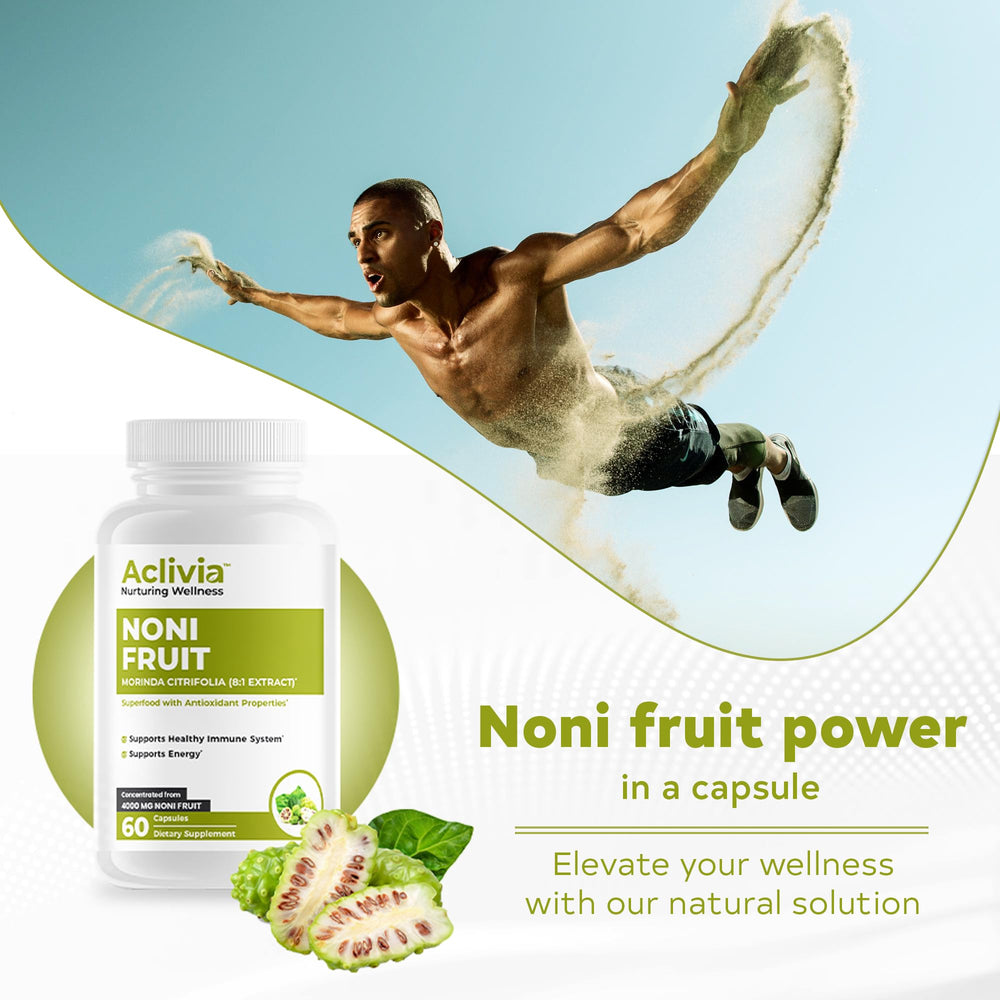 Aclivia Noni bottle back with nutrition information and gluten-free notes.