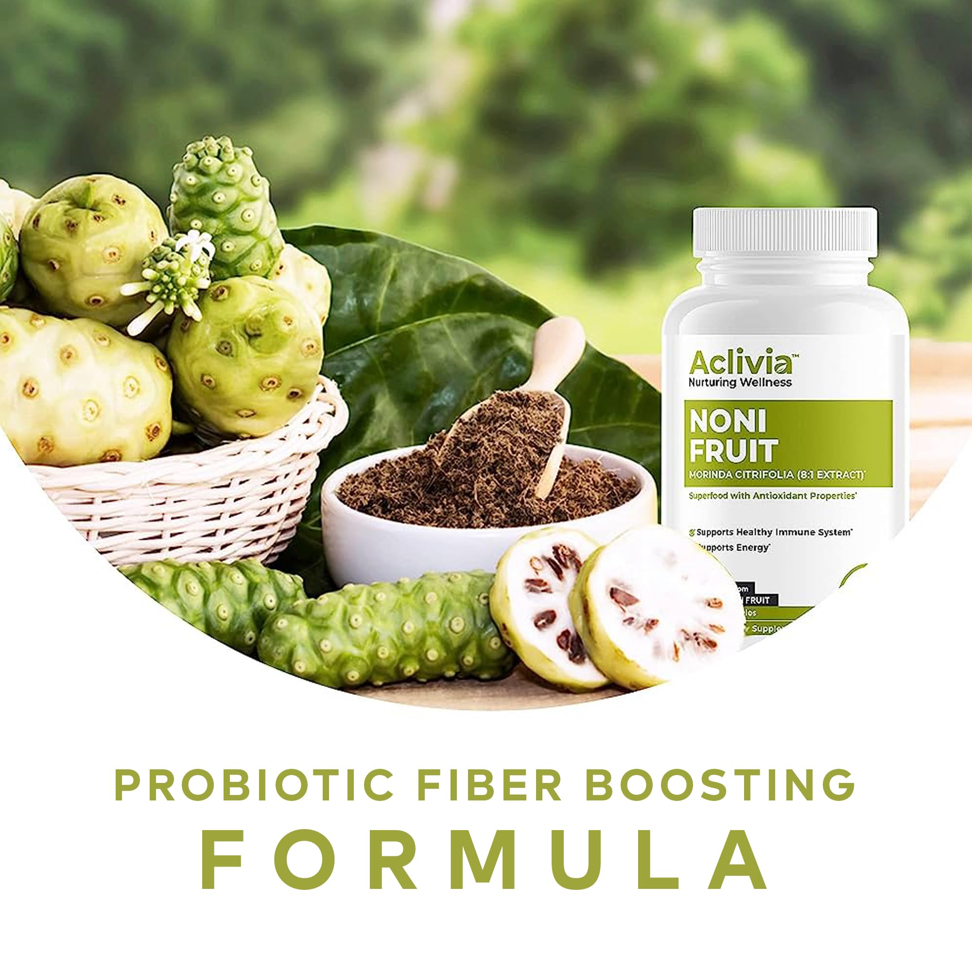 Aclivia Noni capsules beside a glass for daily routine.