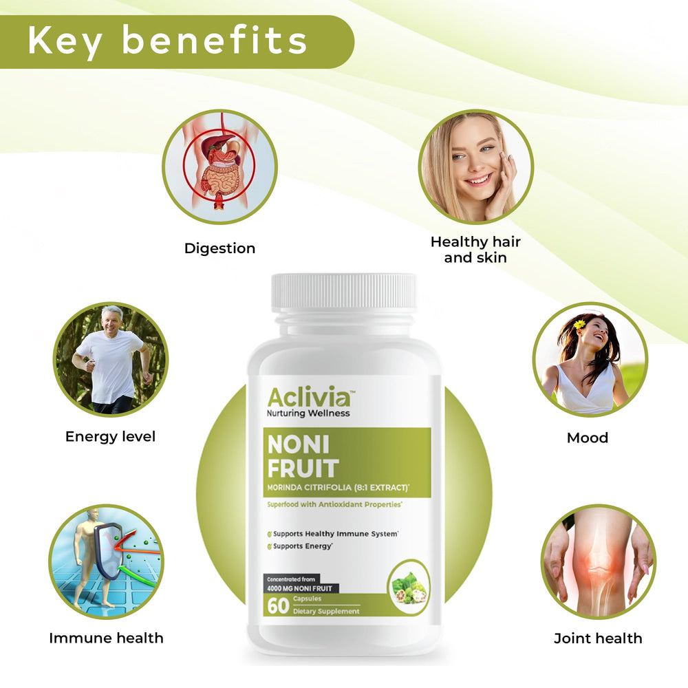 Aclivia Noni seal shows gluten-free and non-GMO attributes.