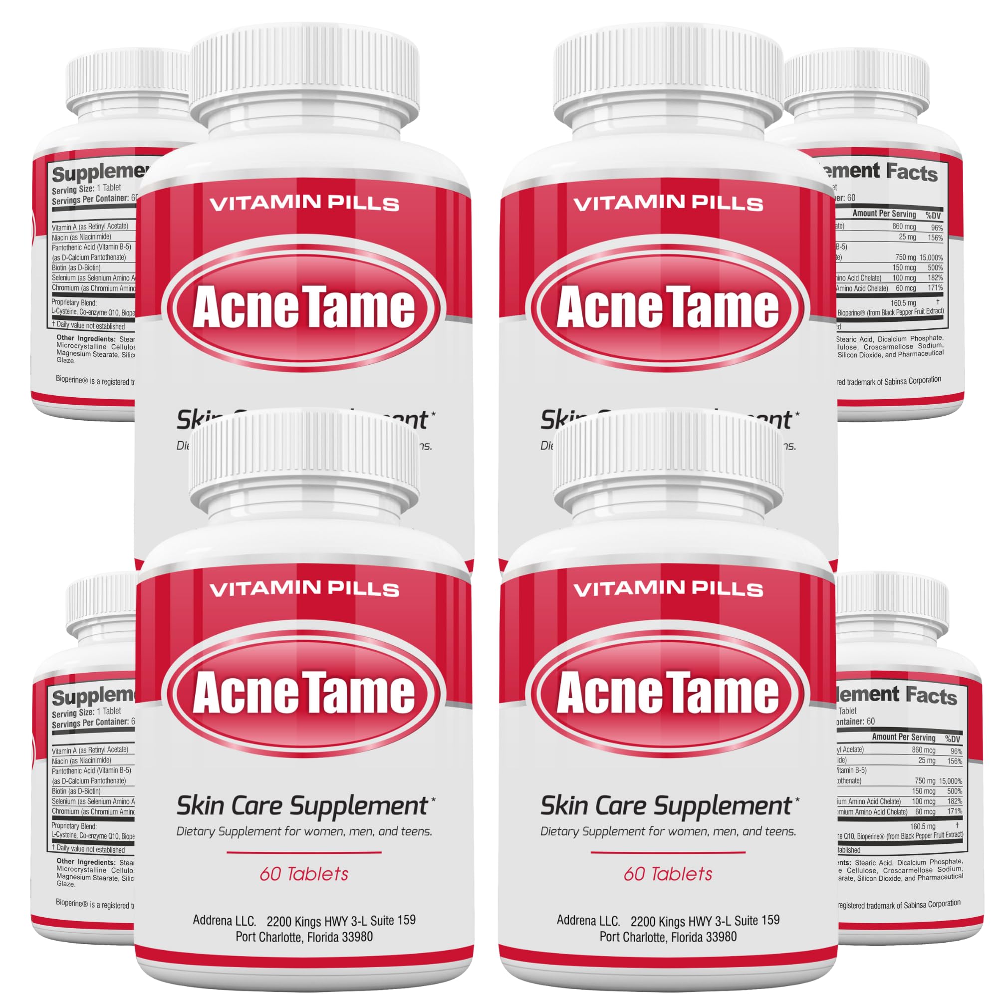 Acnetame acne pills bottle with capsules supporting daily skin care.