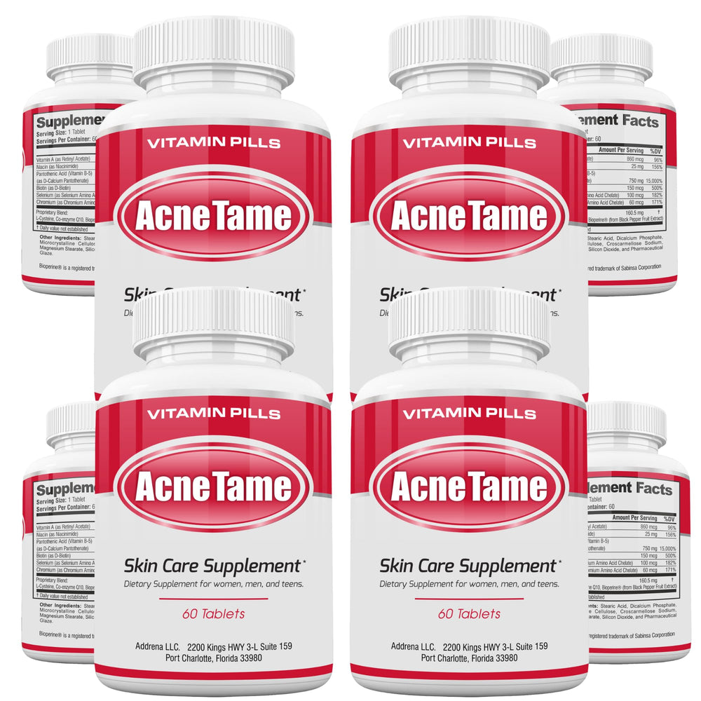 Acnetame acne pills bottle with capsules supporting daily skin care.