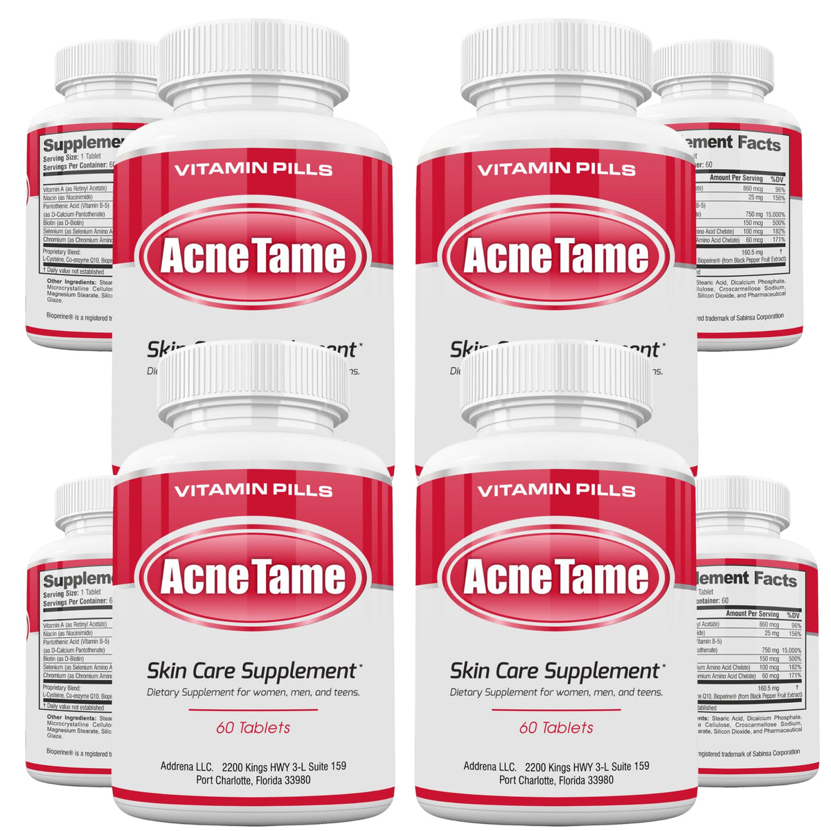 Acnetame acne pills bottle with capsules supporting daily skin care.