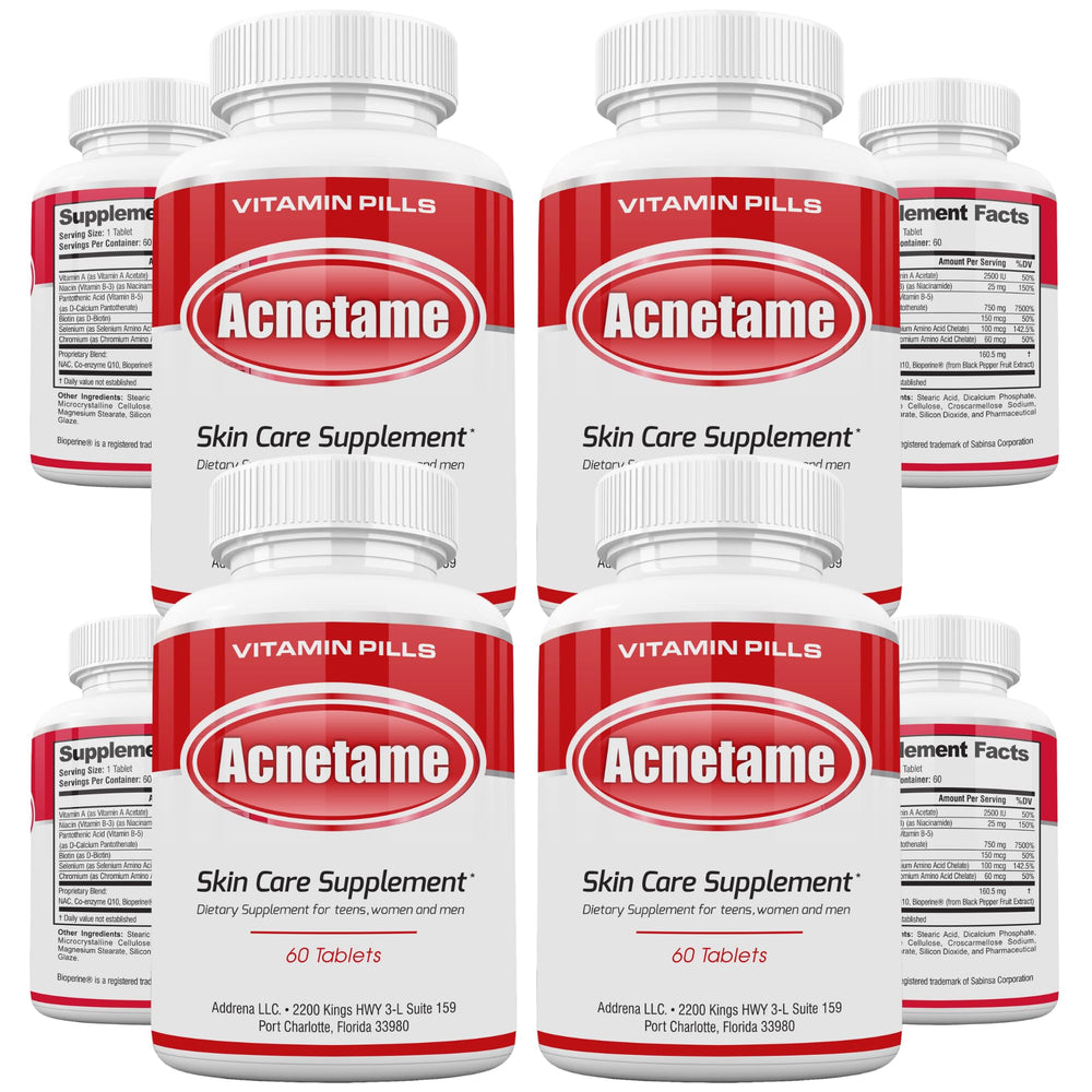 Acnetame vitamin supplements bottle front view for daily skin support