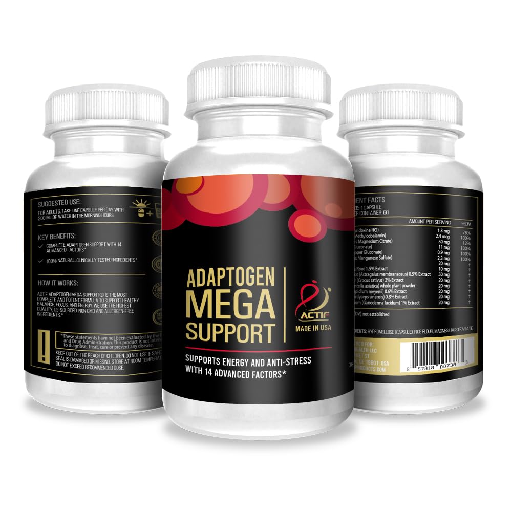 ACTIF Adaptogen Mega Support nutrition facts panel for transparent ingredients.