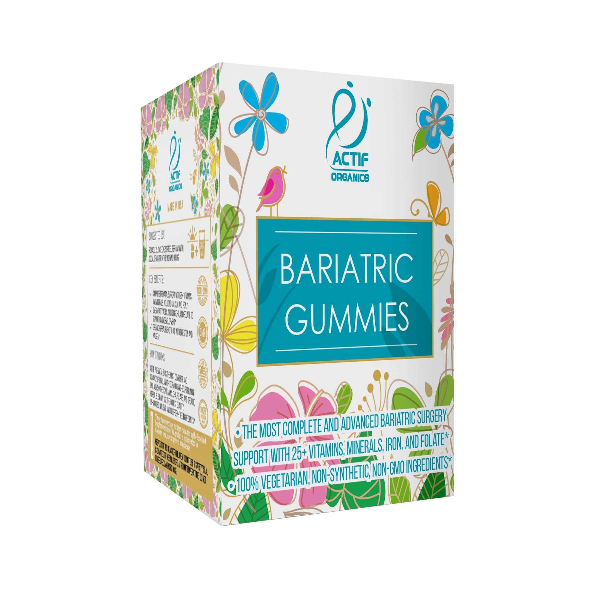 ACTIF bariatric gummies packaging box emphasizes gluten-free, non-GMO, and US-made quality.