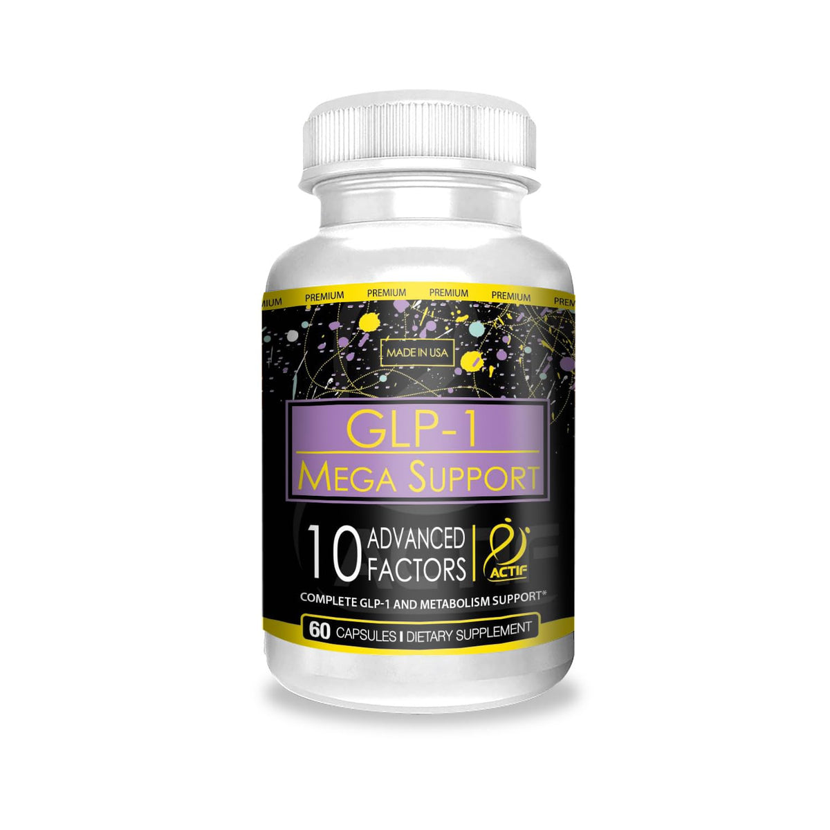 ACTIF GLP-1 Mega Support bottle on shelf, premium packaging for daily GLP-1 balance.