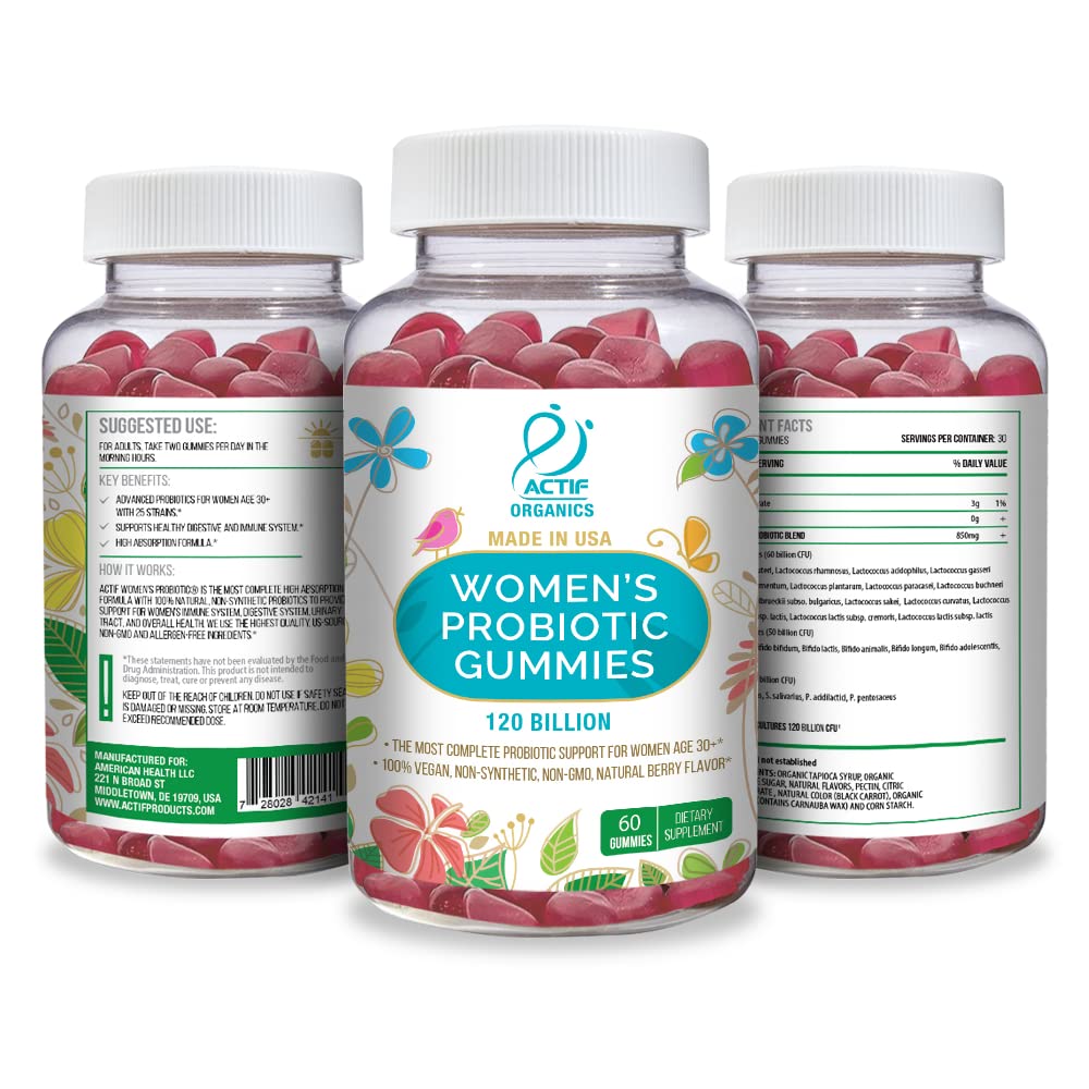 ACTIF Women's Probiotic Gummies in hand suggest convenient non-refrigerated daily support.
